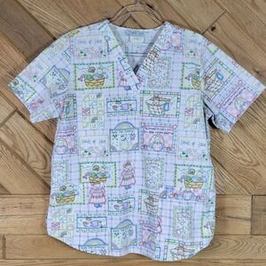 Cherokee Comfort Medical Scrub Top Loads Of Love Print V Neck Size M